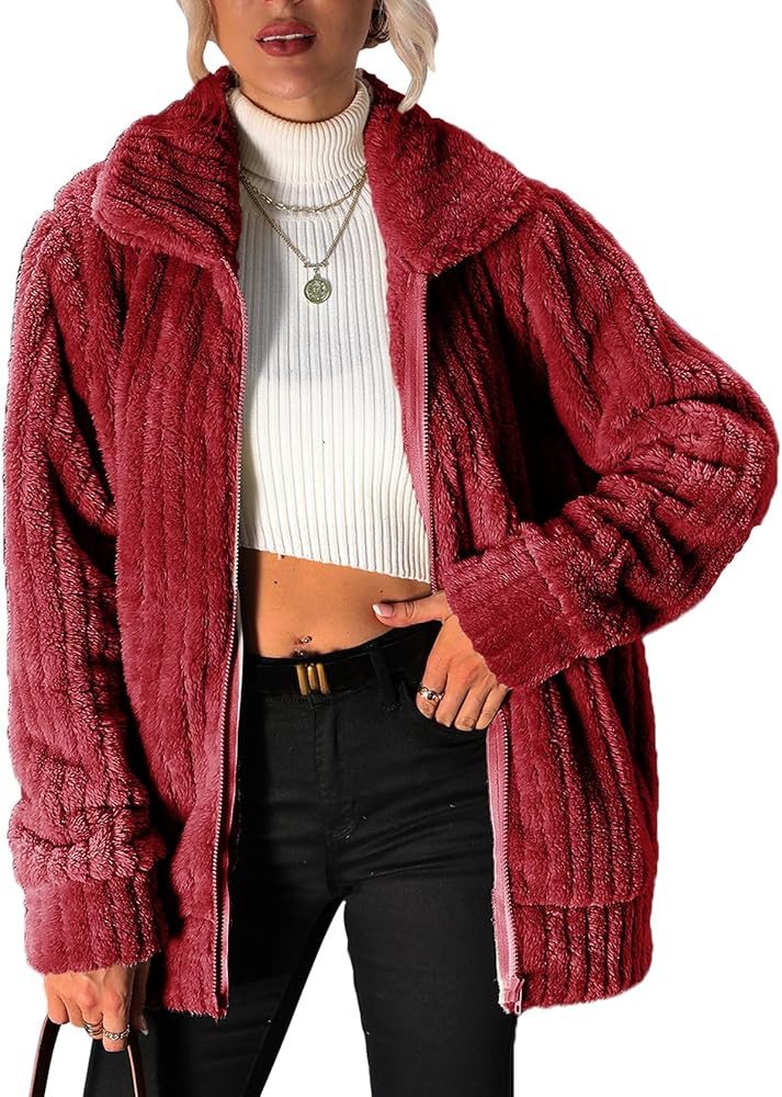 Women's Fleece Jacket Women Full Zip Long Sleeve Lapel Collar Sherpa Coat Outerwear with Pockets ... | Amazon (US)
