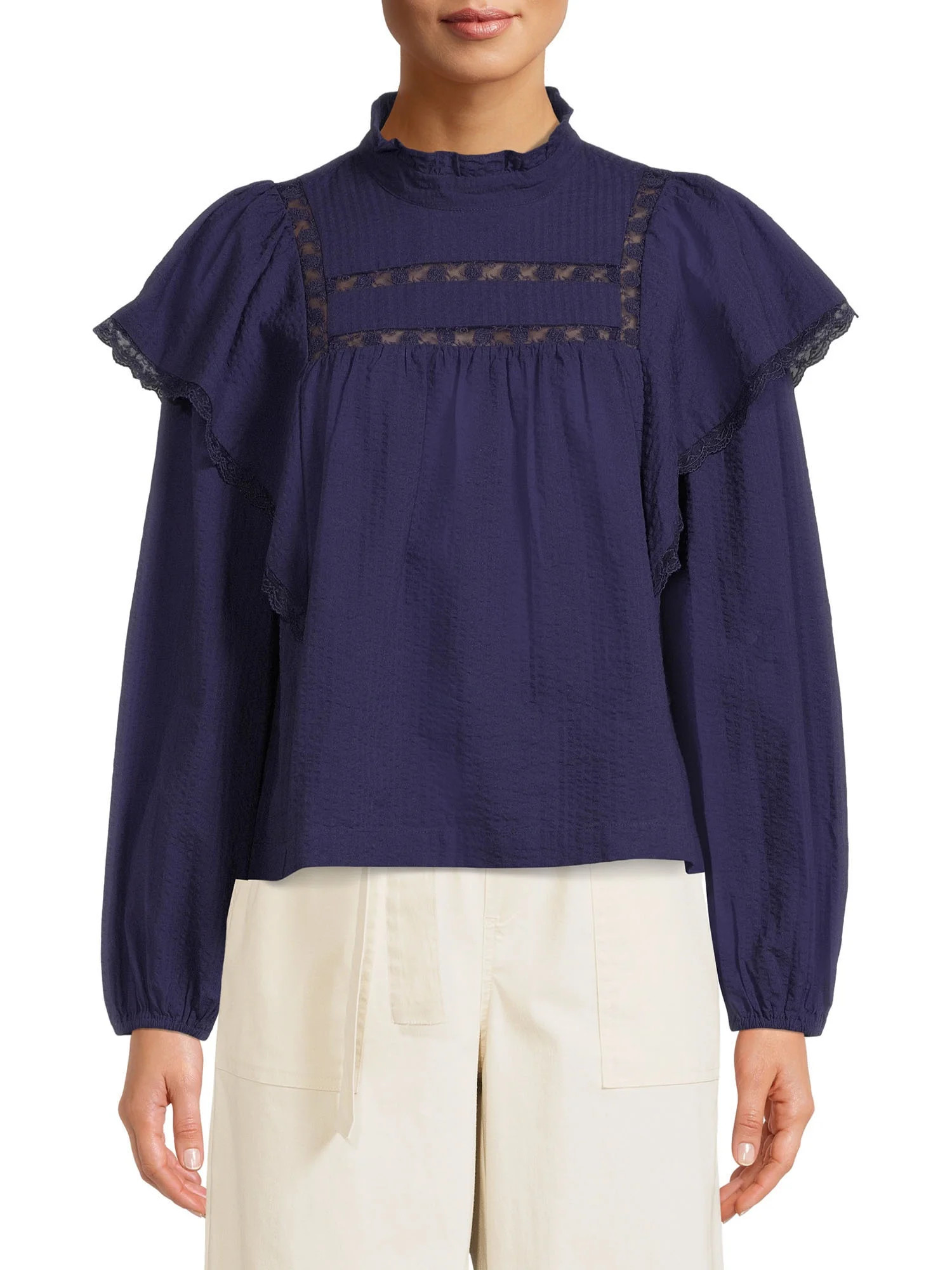 The Get Women's Long Sleeve Lace Trim Top - Walmart.com | Walmart (US)