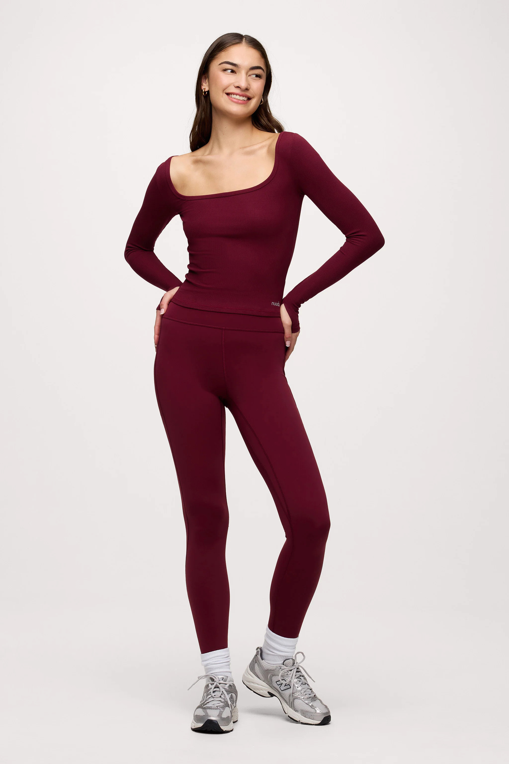 Sporty Rib Portrait Long Sleeve Top | Ruby | Nuuds US