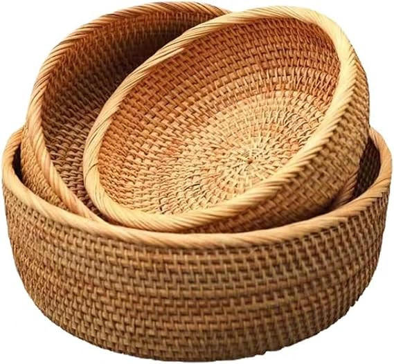 Rattan Fruit Basket Fruit Bowl - Round Rattan Bread Baskets for Serving,Natural Woven Basket for ... | Amazon (US)