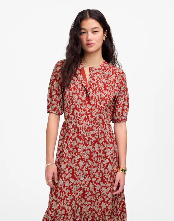 Pintucked Puff-Sleeve Midi Dress in Floral | Madewell