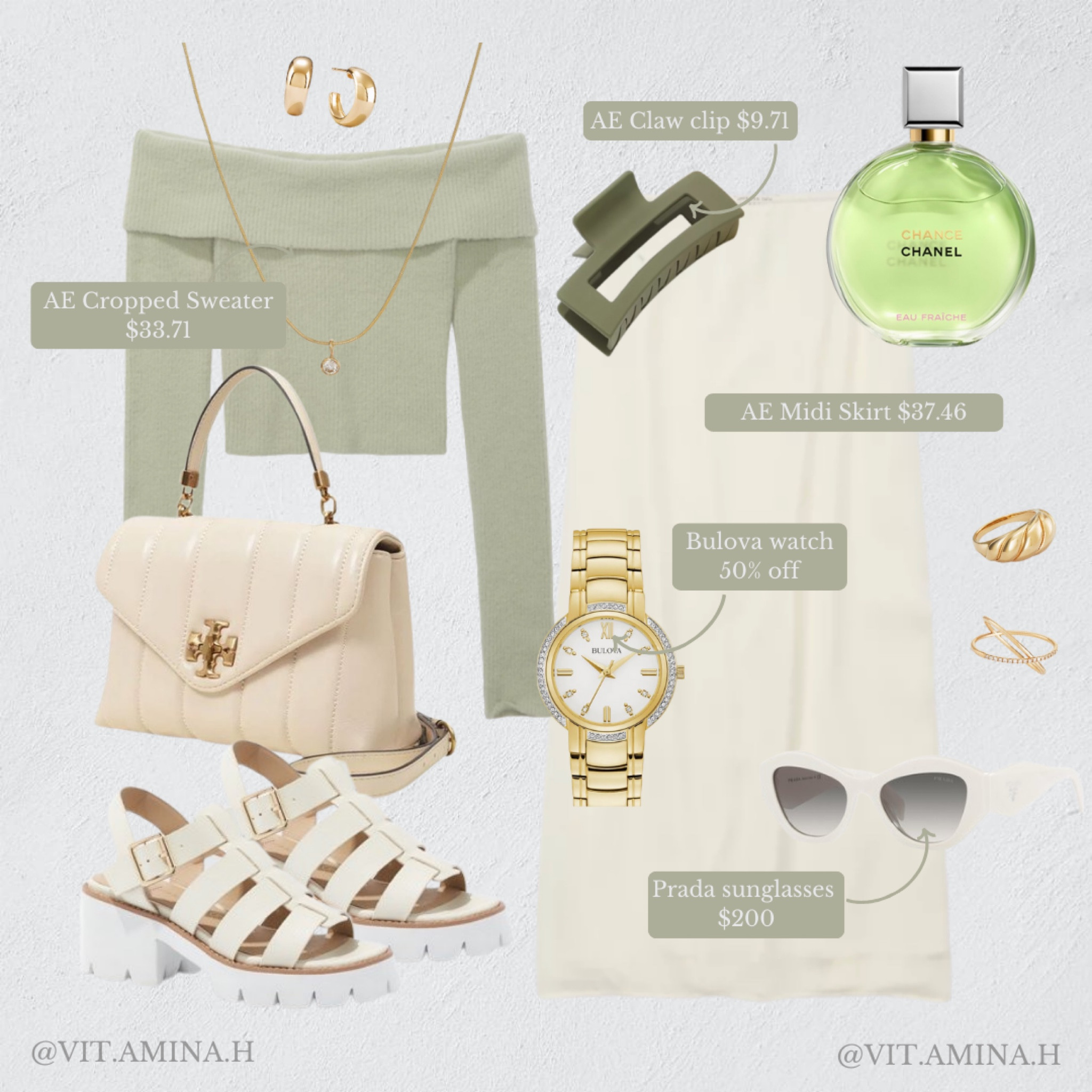 American Eagle Outfitters currently has a sale — 25-70% Off Everything!! You can find this off-the-shoulder cropped sweater, silk midi skirt, claw clip, and sandals all on the AE website! Click below to shop this outfit, as well as some other favorites from the sale! Follow me @vit.amina.h for more outfit inspo and sale alerts! 🤍✨

{AE outfit, Bulova, Bulova watch, Prada, Prada sunglasses, Mejuri jewelry, gold rings, gold jewelry, beige outfit inspo, Tory Burch, Tory Burch purse, Chanel, Chanel perfume, pastel outfit, shop the sale, sale finds, sale of the day}

#LTKsalealert #LTKSale #LTKstyletip