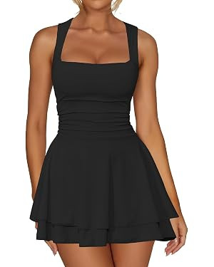 Kaximil Women's Square Neck Ruffle Hem Party Mini Dress | Corset Ruched Waist Cute Short Tennis D... | Amazon (US)