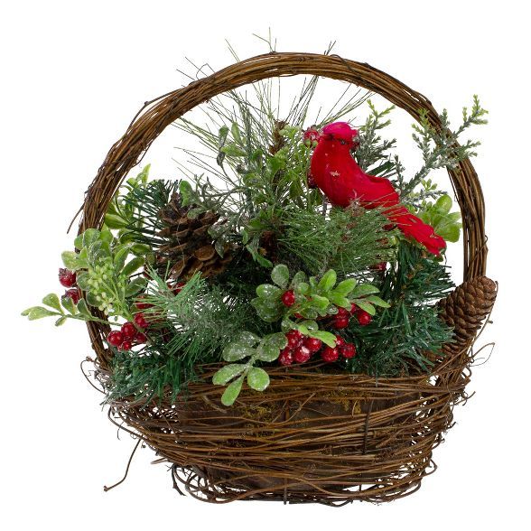 Northlight 12" Red and Green Cardinal with Berries in Twig Basket Christmas Decoration | Target