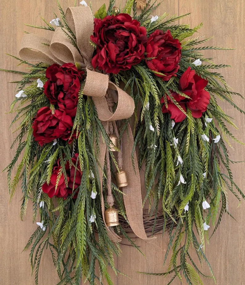 Christmas Peony Swag Wreath With Bells: Cascading Holiday Decor - Etsy | Etsy (Global)
