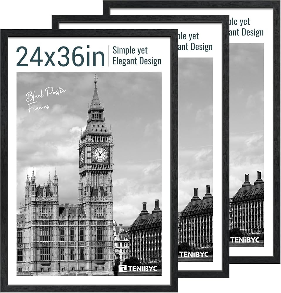 24x36 Poster Frame 3 Pack - Black Woodgrain, Solid Wood Picture Frame, Wall Gallery Frame - Wall ... | Amazon (US)