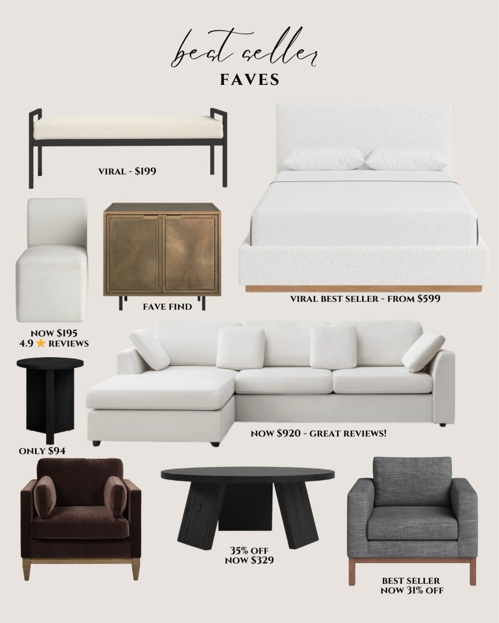 Modern home furniture transitional.   White sectional modern. Modern bed platform. Black coffee table round. Gray accent chair modern. 

#LTKHome #LTKSaleAlert