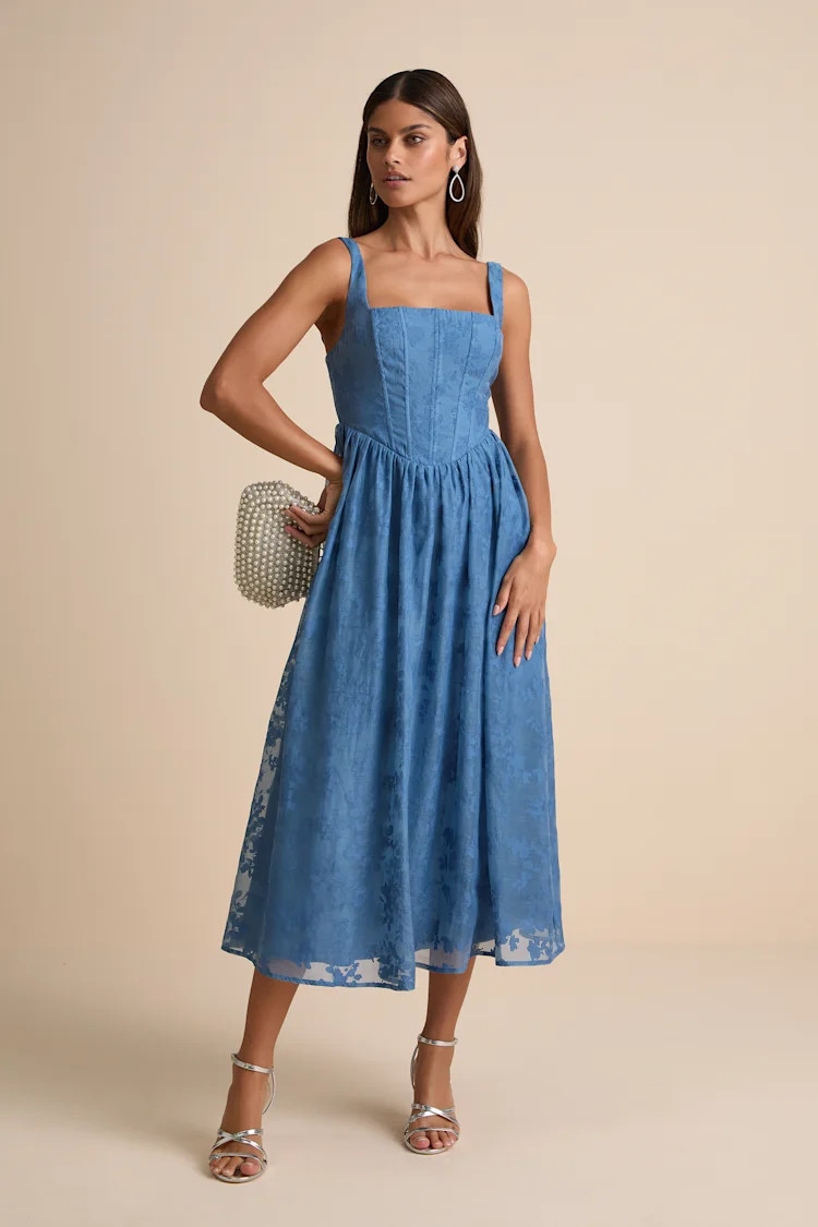 Colwyn Blue Floral Jacquard Bustier Midi Dress | Lulus