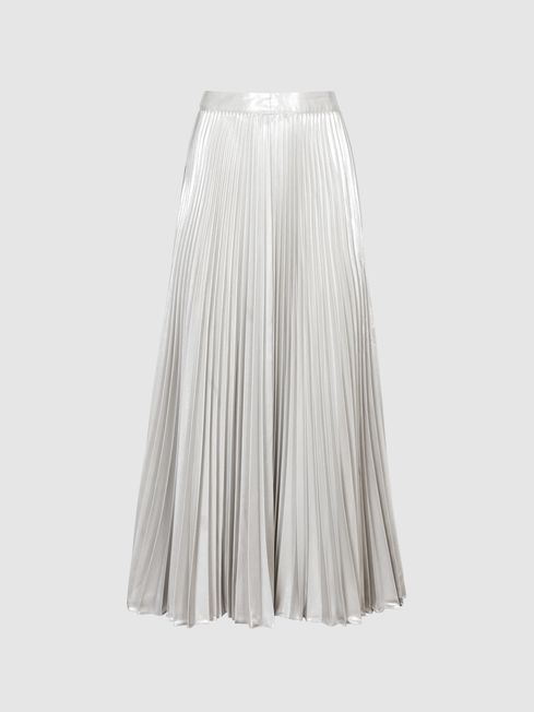 Reiss Silver Elle Metallic Pleat Skirt | Reiss US
