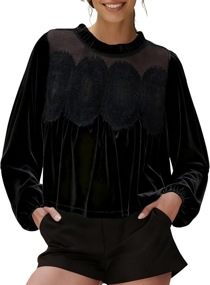 Gozoloma Women's Long Sleeve Velvet Trim Lace Blouse Elegant Flared Swing Top Round Neck Blouse C... | Amazon (US)