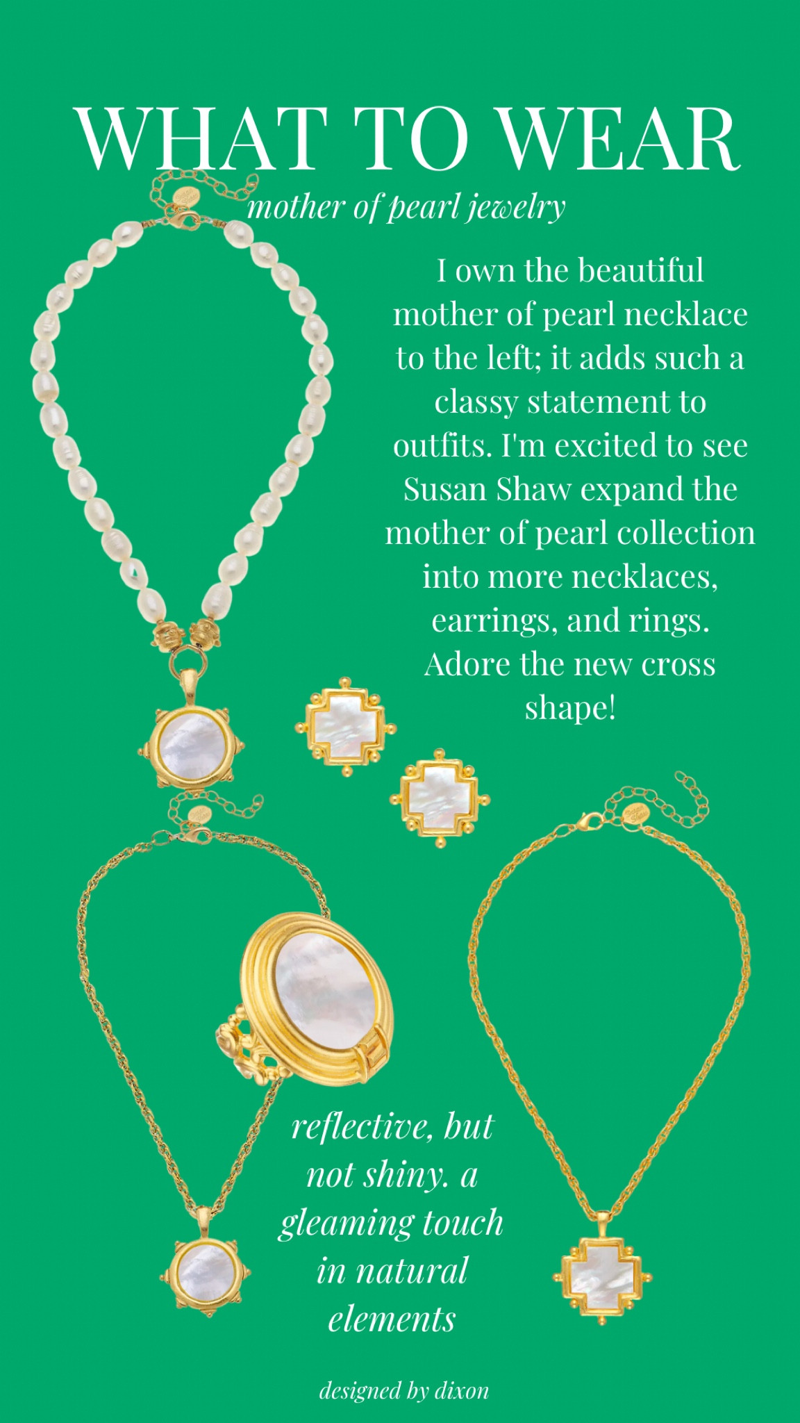 Gorgeous mother of Pearl jewelry! Reflective but not shiny, classy statements. Loving the cross shape! 