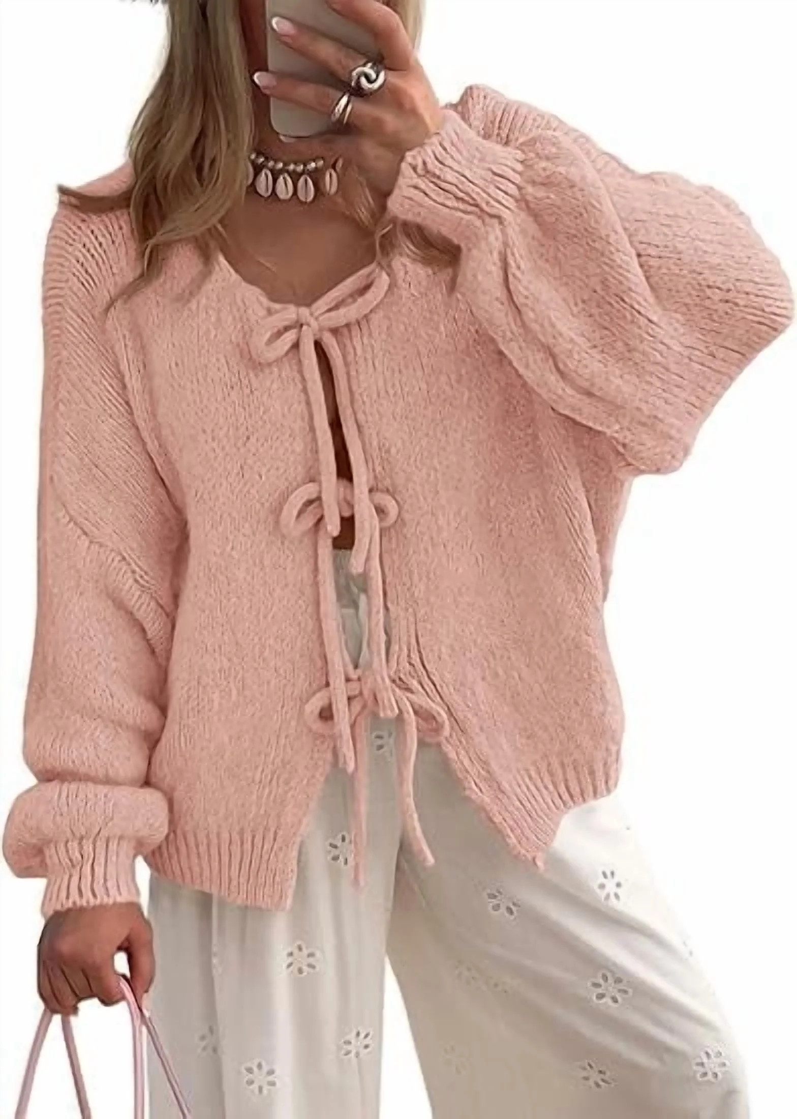 PRETTYGARDEN Women's Tie Front Bow Cardigan Sweaters Chunky Knit Long Puff Sleeve Trendy Fall Win... | Walmart (US)