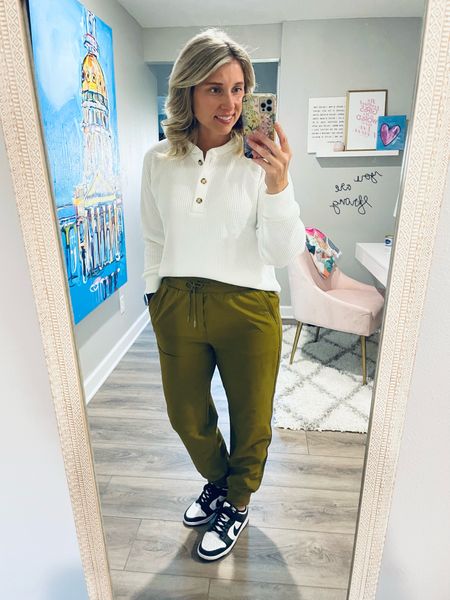 Outfit of the day- brought to you by Old Navy. 💙                                  

I saw these pants online and knew I had to have them. They run big- I sized down one size from my usual. Thermal long sleeve runs TTS- a little on the shorter side. 

#LTKmidsize #LTKstyletip