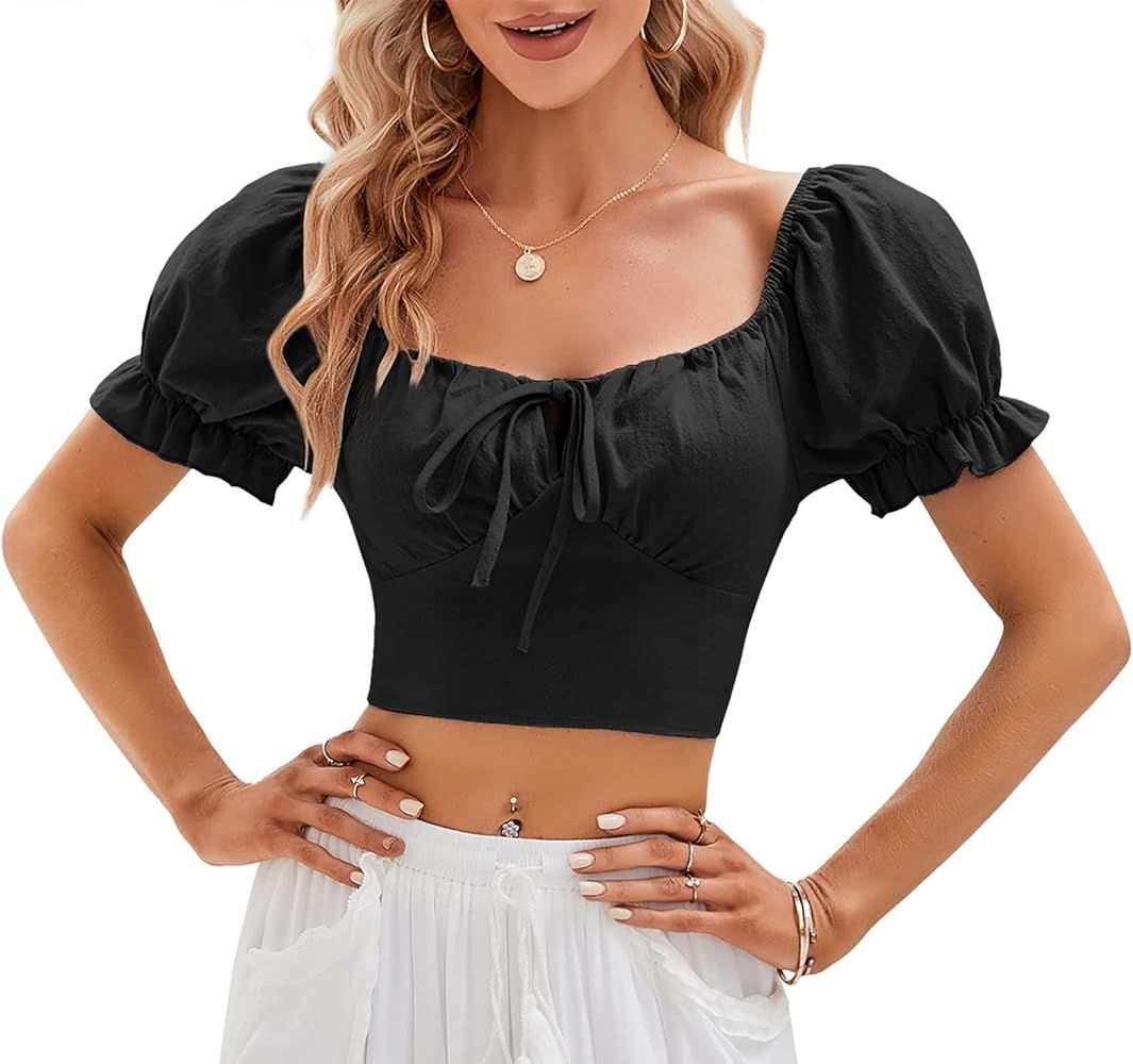 Womens Puff Short Sleeve Crop Tops Square Neck Ruched Front Bow Tie Shirts Cute Summer Vocation B... | Amazon (US)