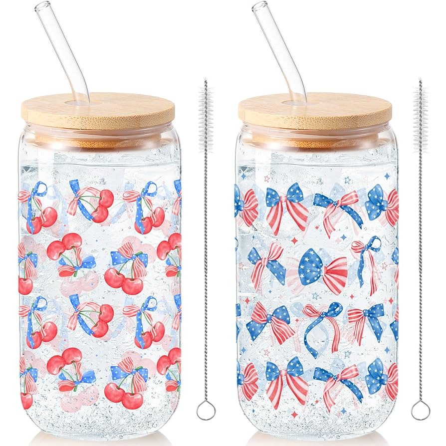 Zhehao Set of 2 16 oz Patriotic Glass Cups with Lids Straws and Cleaning Brush, 4th of July Iced ... | Amazon (US)