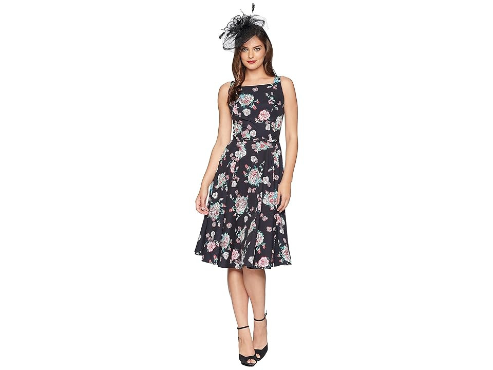 Unique Vintage Harriet Swing Dress (Black Floral) Women's Dress | Zappos