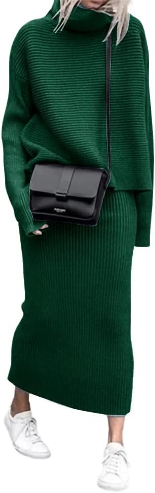 chouyatou Women's Turtleneck 2 Piece Outfits Ribbed Knit Sweater Midi Pencil Skirt Set | Amazon (US)