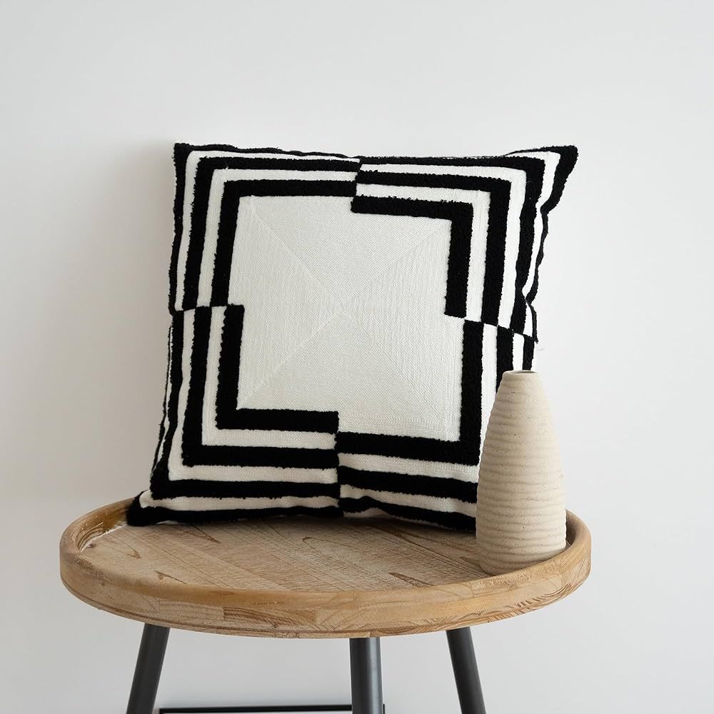 Black White Outdoor Indoor Textured Throw Pillow Cover, Square Farmhouse Geometric Decorative Cus... | Amazon (US)