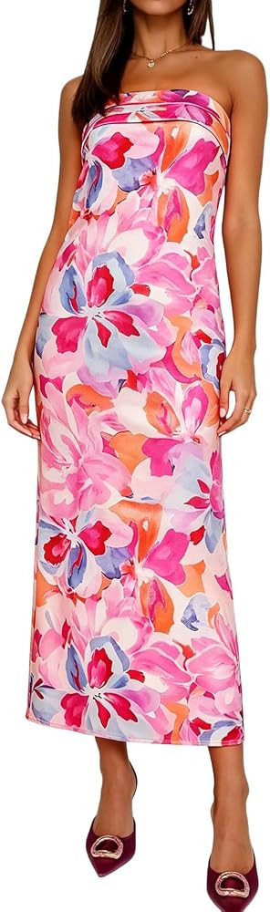 Giovacker Womens Gorgeous Floral Print Dress Sexy Tube Strapless Maxi Long Dress Boho Dresses Par... | Amazon (US)