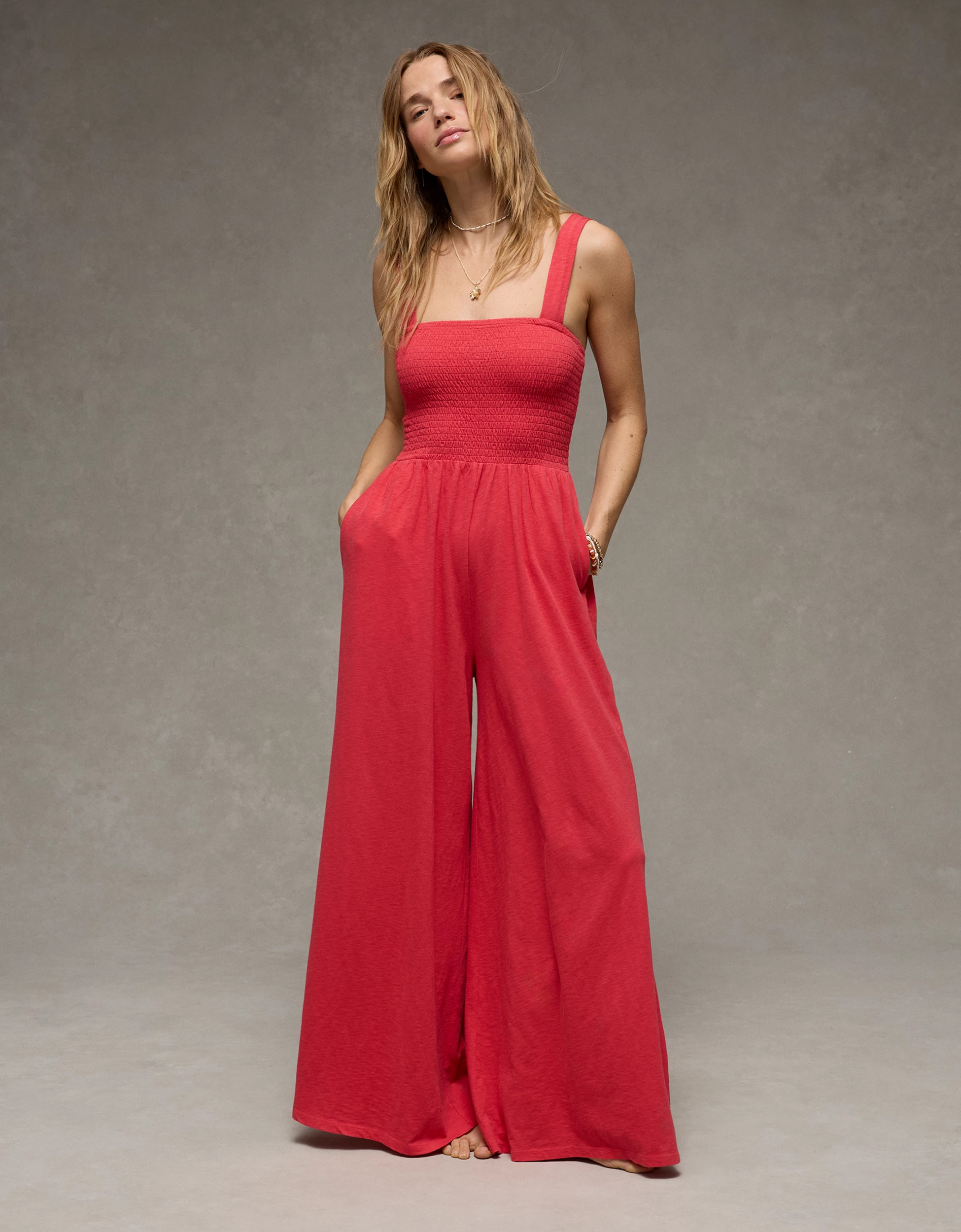 AE Sunchaser Knit Smocked Jumpsuit | American Eagle Outfitters (US & CA)