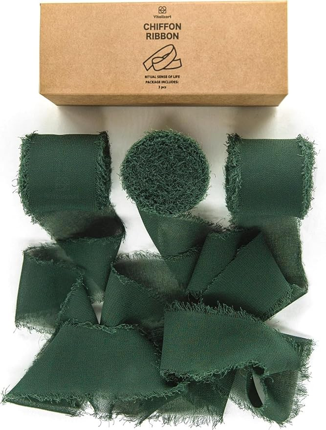 Vitalizart Dark Green Handmade Chiffon Silk Ribbon Fringe 3 Rolls 1.5" x 21 Yd Frayed Edges Ribbo... | Amazon (US)