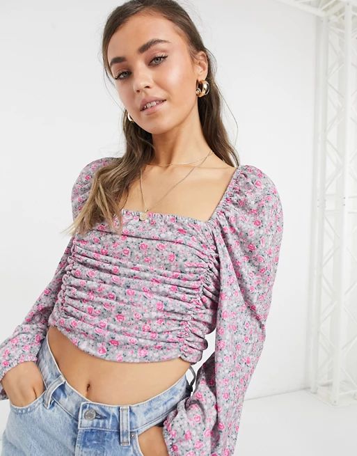 Wednesday's Girl ruched front top with puff sleeves in vintage floral | ASOS (Global)