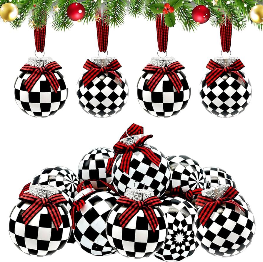 12 Pieces Black and White Winter Balls Black and White Checkered Ball Ornament Farmhouse Christma... | Amazon (US)