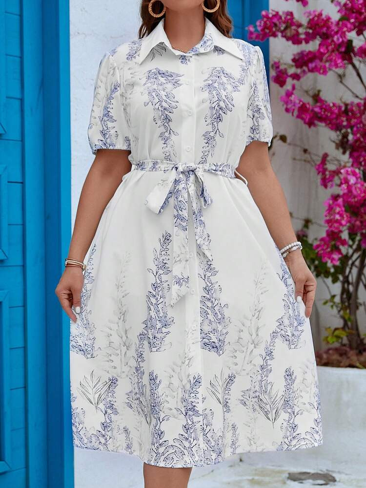 SHEIN VCAY Plus Plants Print Belted Shirt Dress
       
              
              $17.99  
   ... | SHEIN
