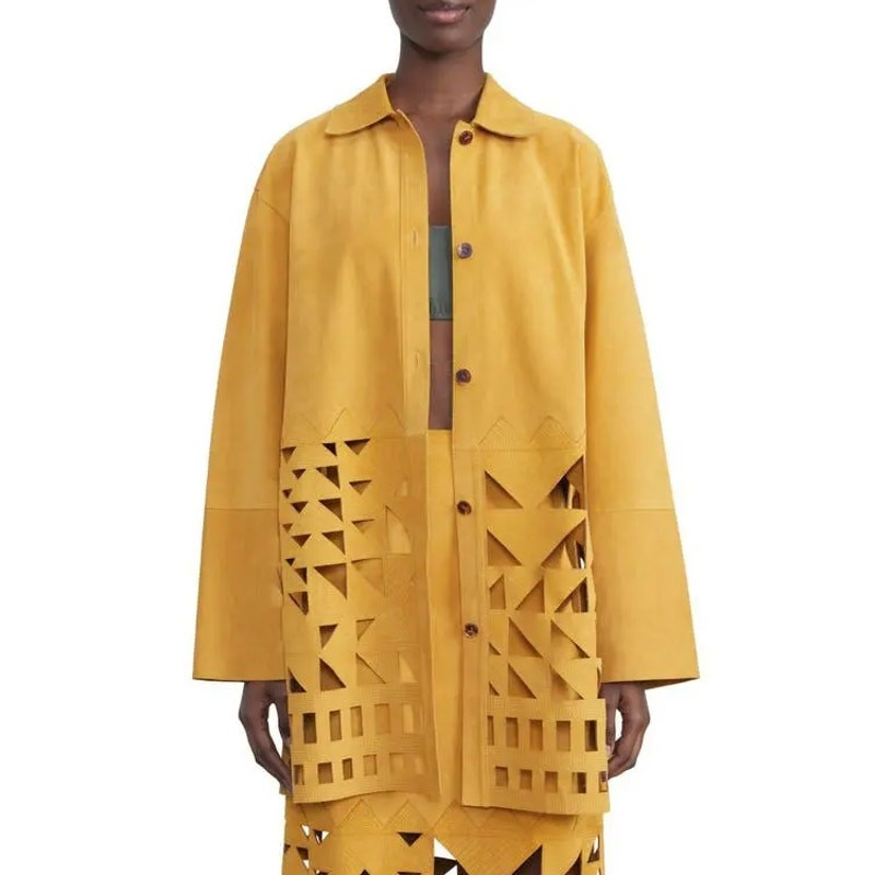 LAFAYETTE 148 Clyde Laser Cut Suede Jacket NWT Spiced Honey Yellow Women's XL | eBay US