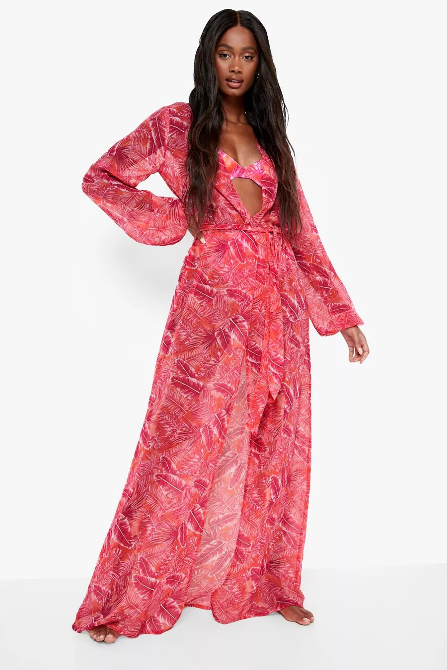 Tropicana Chiffon Maxi Beach Kimono | boohoo (US & Canada)