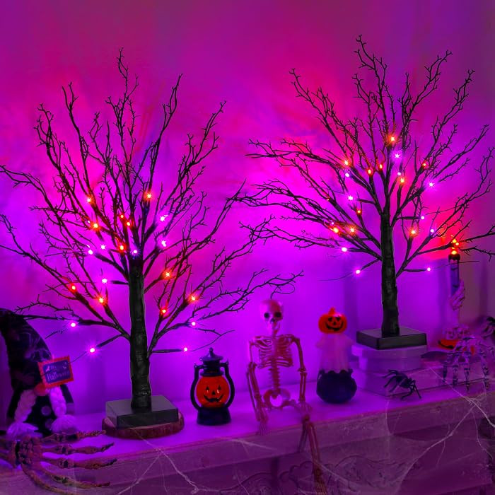 2 Pack 24 Inch Black Halloween Tree with 24 LED Orange Purple Lights, USB Battery Operated Halloween Table Decorations Tree Light with Timer, Scary Halloween Decorations Indoor for Home Party Decor | Amazon (US)