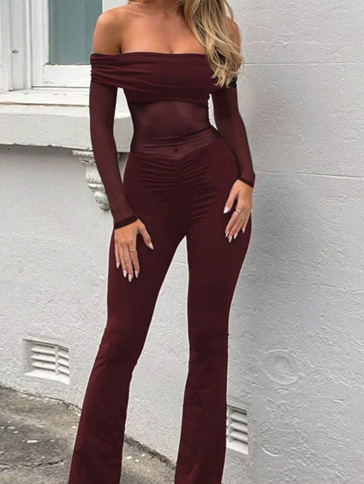 Onicee Women's Fashionable Sexy Mesh Patchwork Off-Shoulder Long Sleeve Jumpsuit, Summer | SHEIN