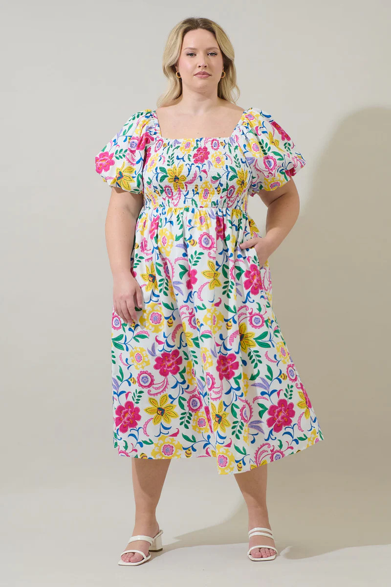Kress Floral Maray Smocked Midi Dress Curve | Sugarlips