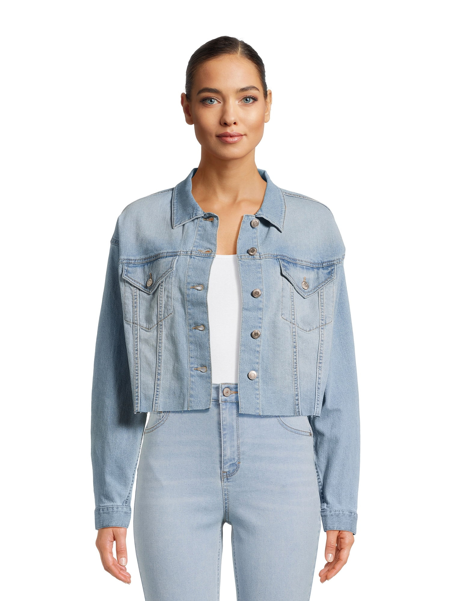 No Boundaries Cropped Denim Jacket with Raw Edge Hem, Women's and Women's Plus | Walmart (US)