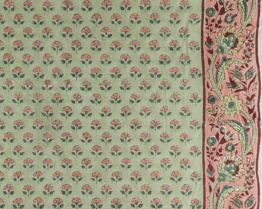 Light Swamp Green, New York Pink Indian Floral Hand Block Printed 100% Cotton Cloth, Fabric by th... | Etsy (CAD)