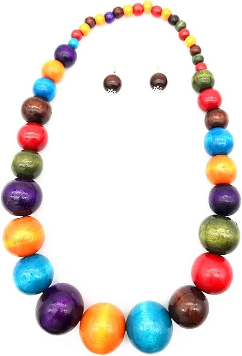 Colorful African Wooden Beaded Choker Neckalce Drop Dangle Earrings Set Chunky Strands Beads Larg... | Amazon (US)