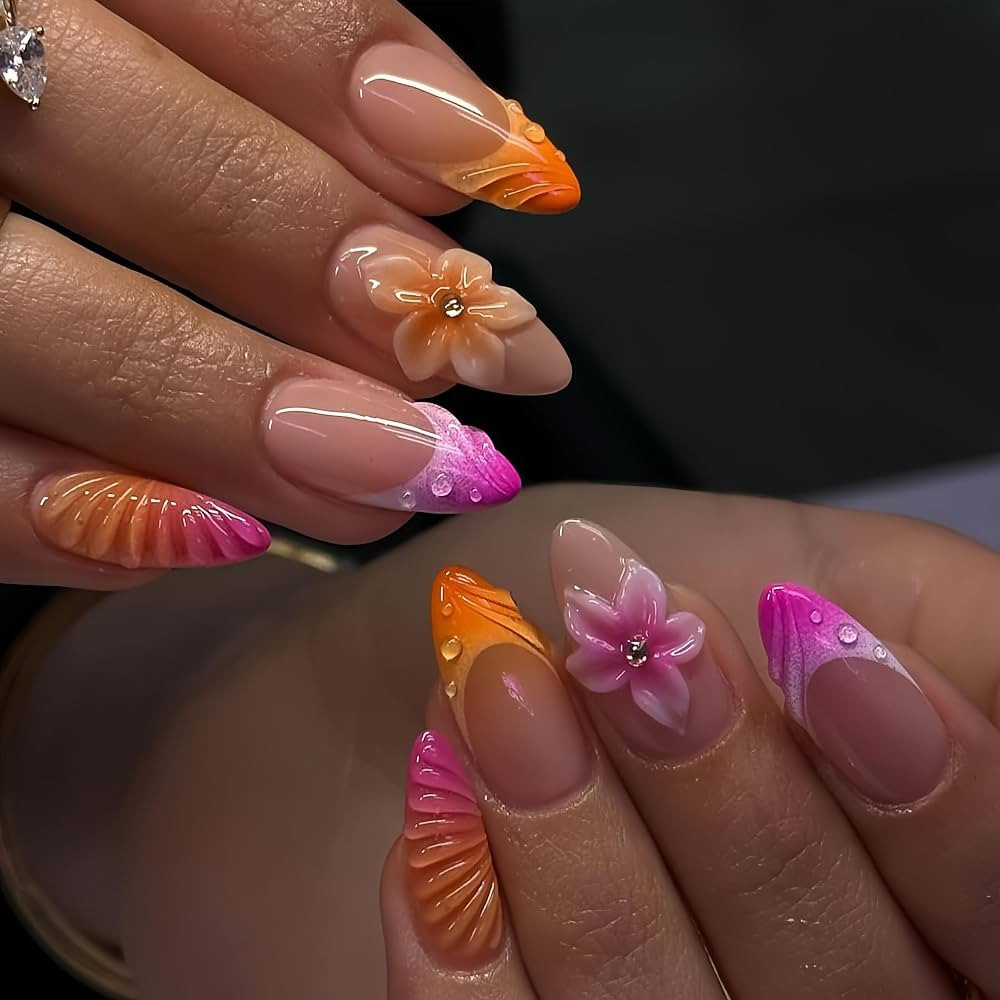 Medium Almond Press on Nails Flower Acrylic Fake Nails Ombre 3D Texture French Rhinestones Floral... | Amazon (US)