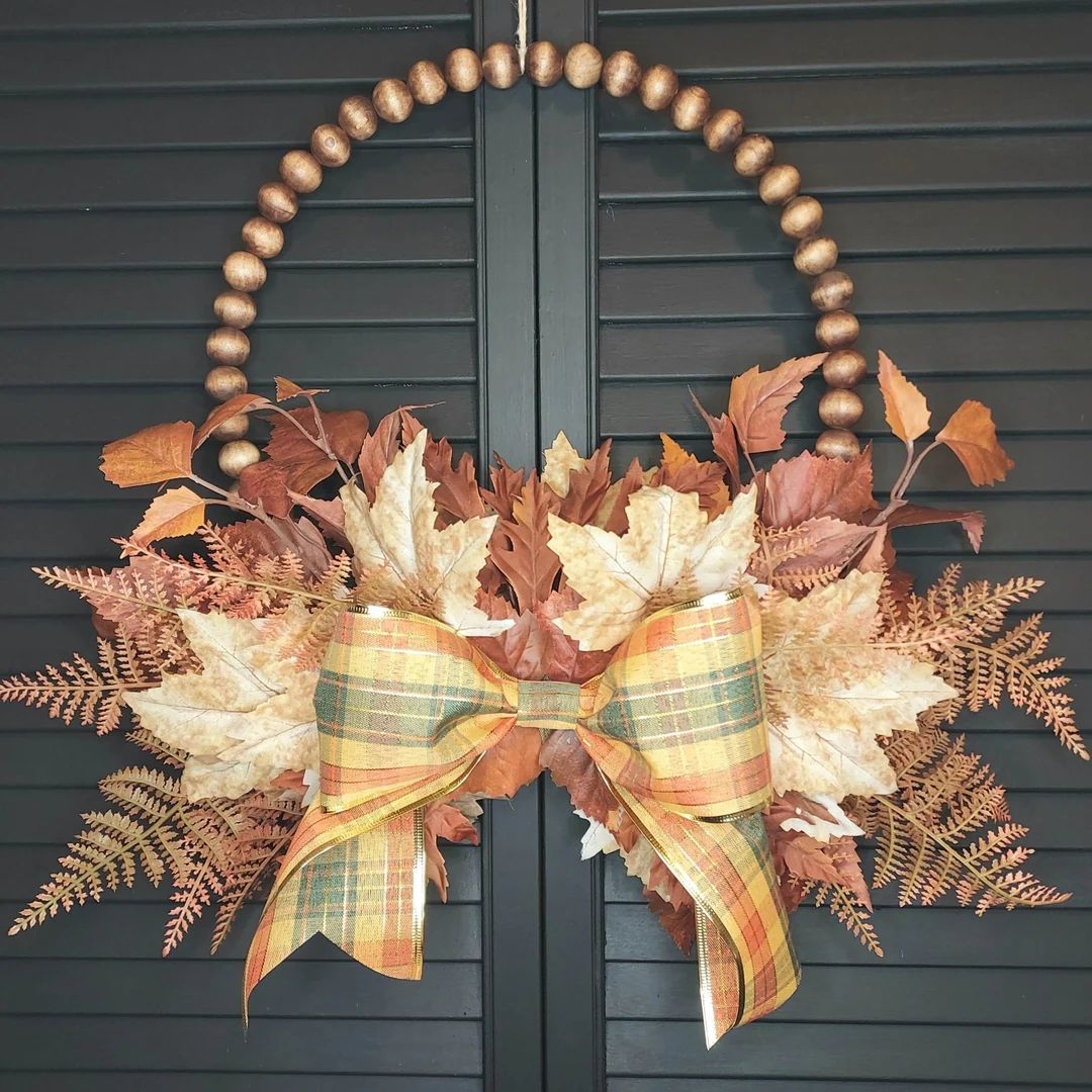 12" Handmade Fall Wood Bead Wreath for Front Door Fall Home Decor Autumn Wall Decor Fall Wedding ... | Etsy (US)