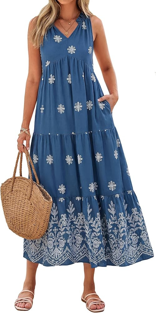 Glamaker Womens Summer Floral Maxi Dress Casual V Neck Sleeveless Loose Fit Boho Flowy A Line Tie... | Amazon (US)