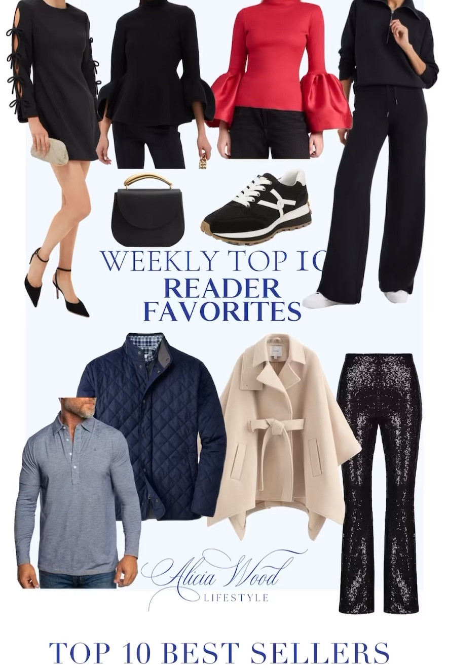 Weekly top 10 best sellers
And reader favorites 
Black mini dress with bow detail on the sleeves from Tuckernuck
Black mock turtleneck sweater with beautiful bell sleeves from Tuckernuck 
Red top with satin bell cuffs 
Spanx air essentials, half zip and wide leg pants 
Veronica Beard black sneakers 
Cuyana black mini bag with brass handle
Criquet men’s shirt 
Peter Millar quilted jacket 
Cuyana wool cape with trenchcoat detailing
Black sequin pants


#LTKSeasonal #LTKOver40 #LTKStyleTip