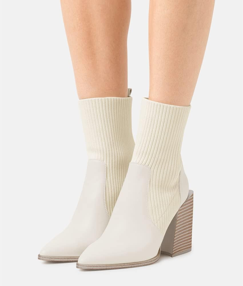 Womens Chunky Stacked Heel Ankle Boots Pointed Toe Booties Slip On Ribbed Knit Sock Boot | Amazon (US)