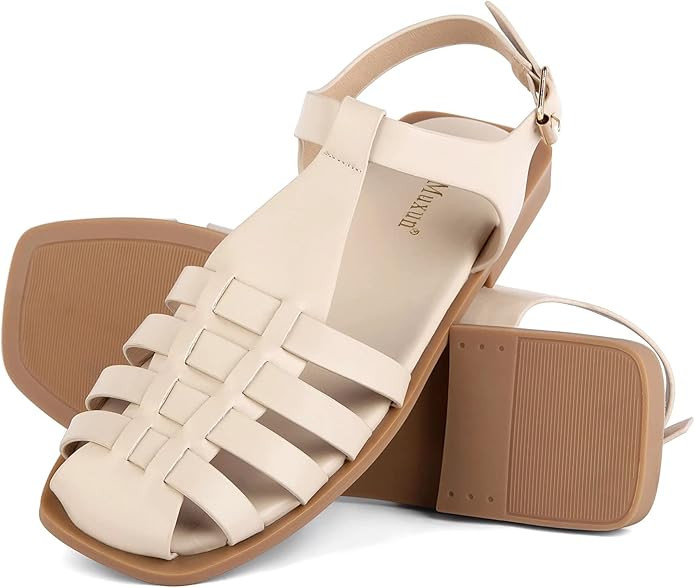 MaxMuxun Women's Flat Sandals Closed Toe Summer Roman Sandals Beach Sandals Square Toe Gladiator ... | Amazon (US)