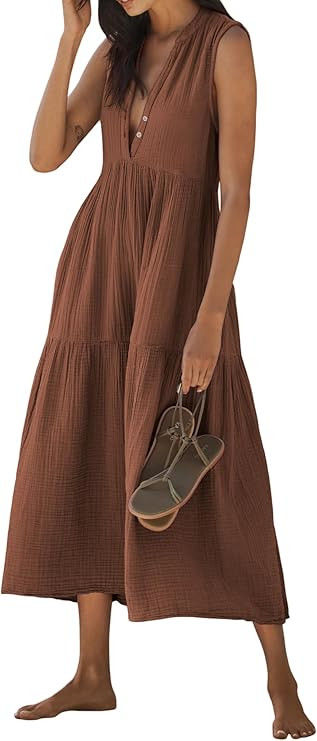 R.Vivimos 2026 Summer Cotton Maxi Dresses for Women Casual Sleeveless Button V Neck Tiered Loose ... | Amazon (US)