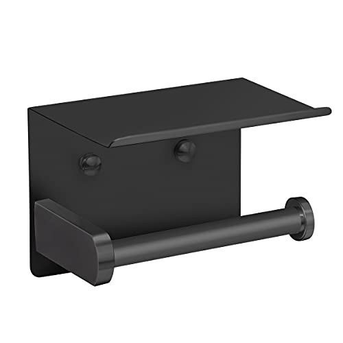 VAEHOLD Self Adhesive Toilet Paper Holder with Phone Shelf Stainless Steel Wall Mounted Toilet Paper Roll Holder - Rustproof and Bathroom Washroom Tissue Roll Holder with Shelf - Black | Amazon (US)