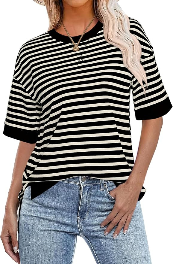 Amazon.com: Glamaker Short Sleeve Lightweight Sweatshirt For Women Crewneck Striped Shirt Pullove... | Amazon (US)