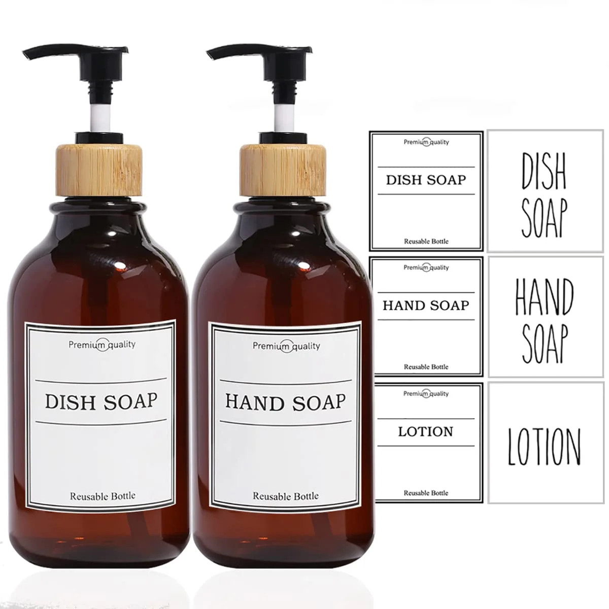 Amber Soap Dispenser Set 16OZ Plastic Liquid Dish and Hand Soap Dispenser Set with Pre-Applied La... | Walmart (US)