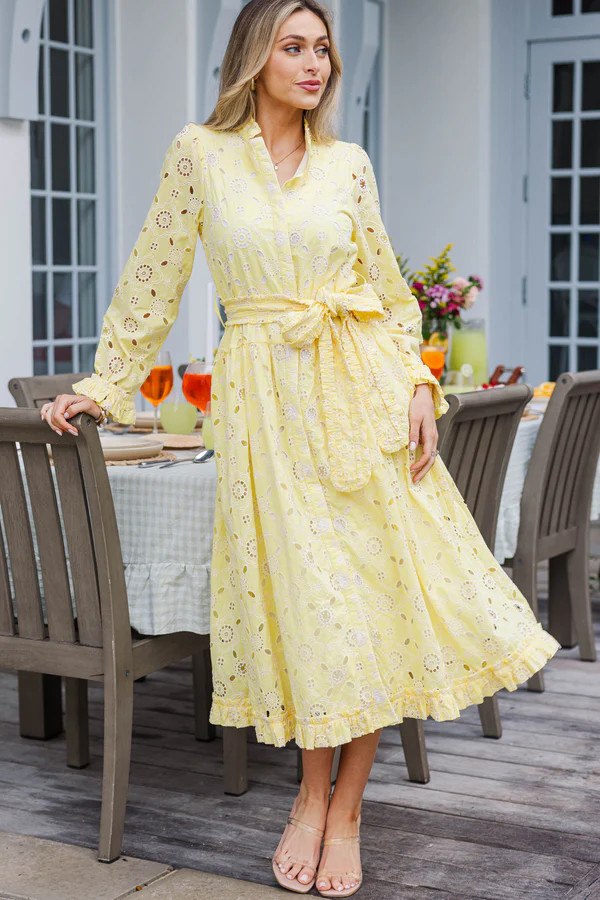 Living Easy Yellow Eyelet Linen Midi Dress | The Mint Julep Boutique