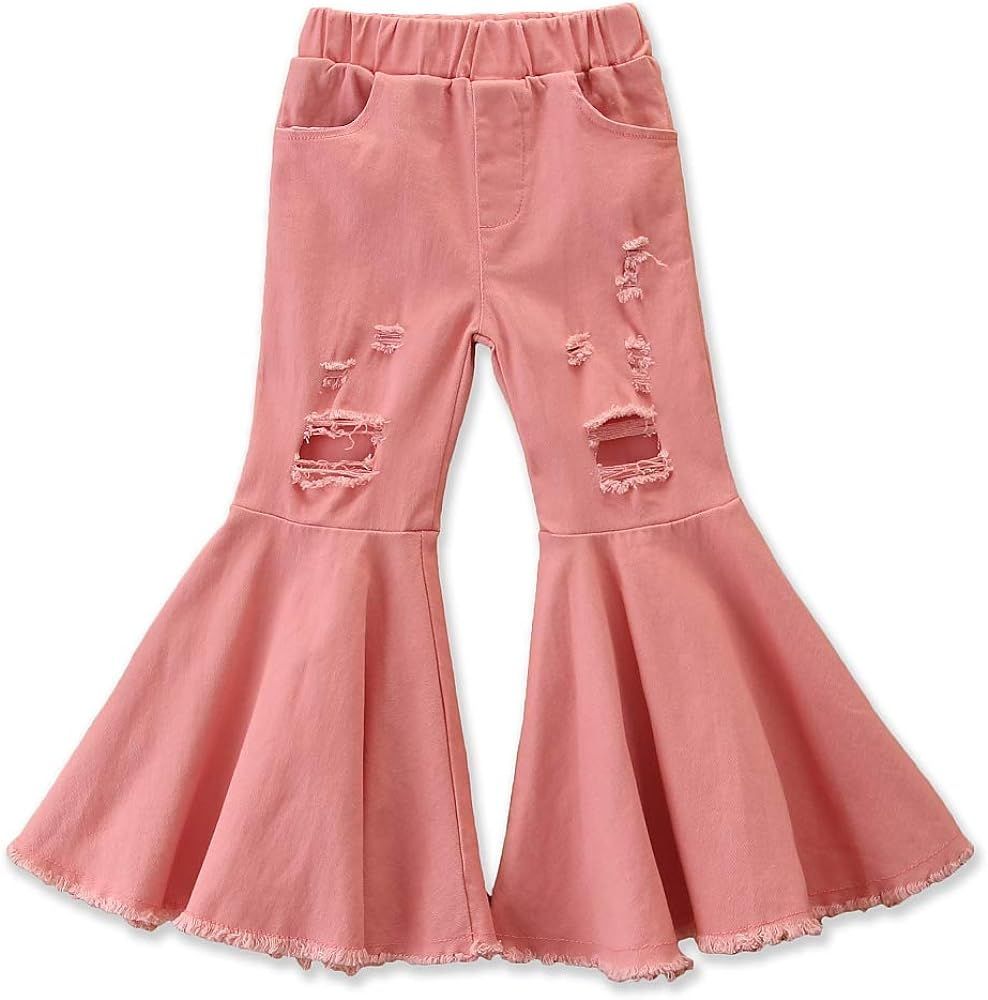 GOOCHEER Kids Toddler Little Baby Girl Ruffle Ripped Jeans Bell Bottom Flare Pants Ripped Denim L... | Amazon (US)