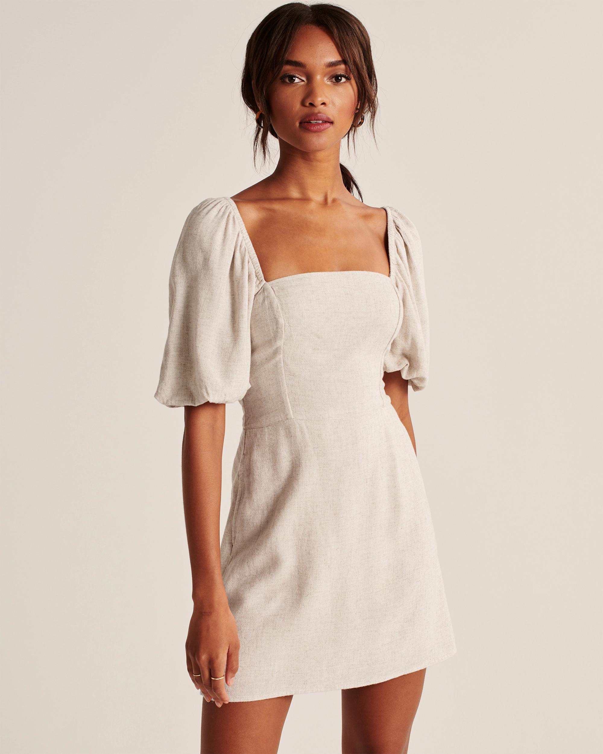 Puff-Sleeve Linen-Blend Mini Dress | Abercrombie & Fitch (US)