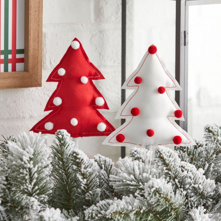 Holiday Time Small Red and White Fabric Christmas Tabletop Trees, Set of 2, 8" Tall | Walmart (US)